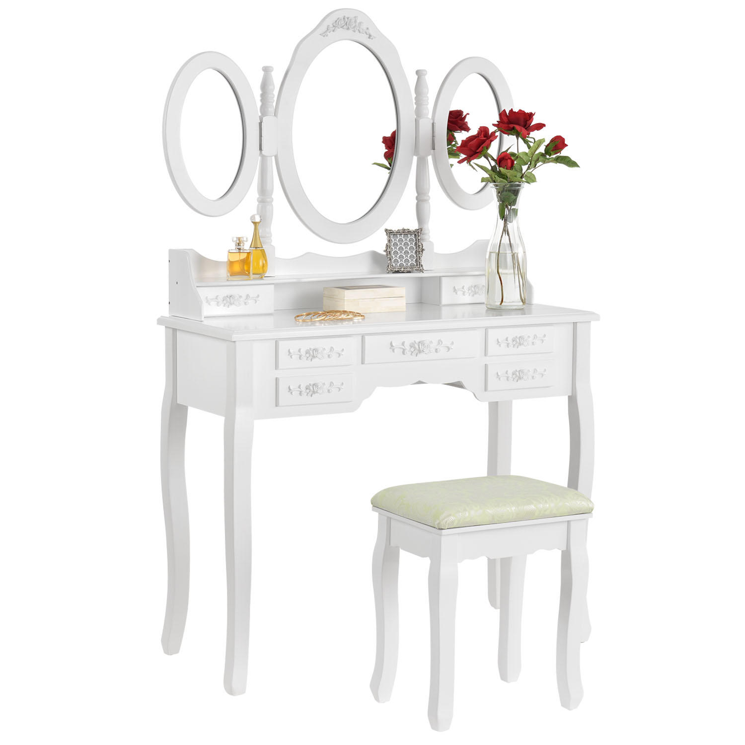 Fehér színű "Elsa" fésülködő asztalka tükörrel és székkel